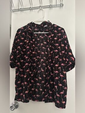 Black Flamingo Print Button-Front Blouse - Women